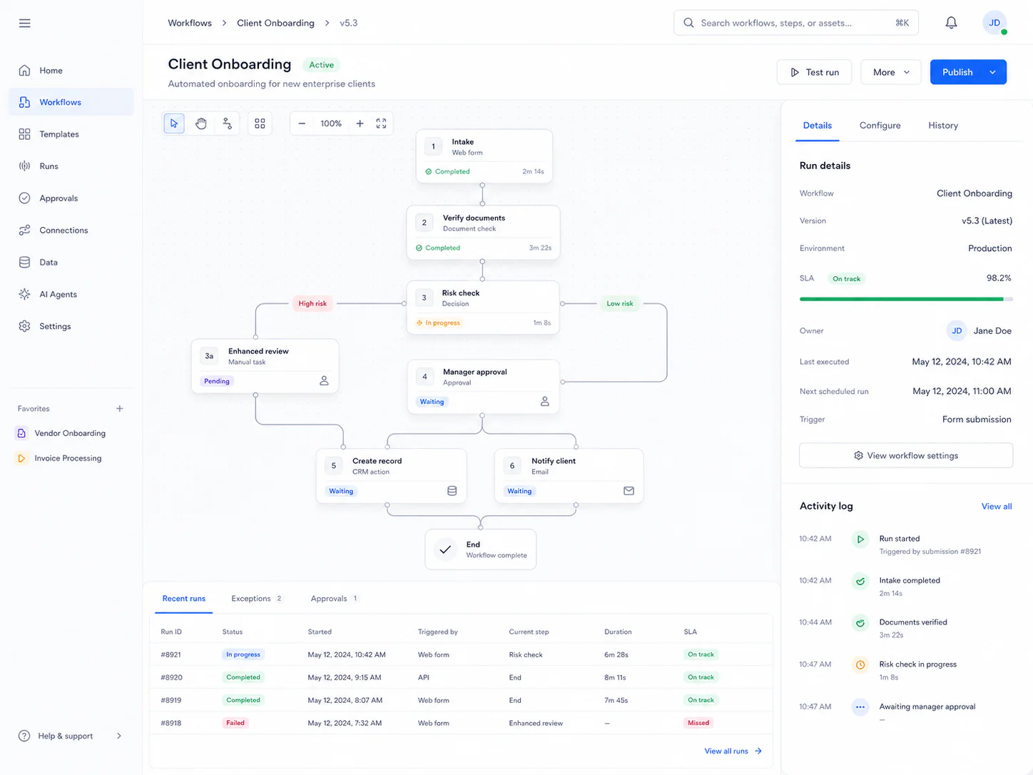 Automated client onboarding workflow connecting CRM, project management, documents and email tools